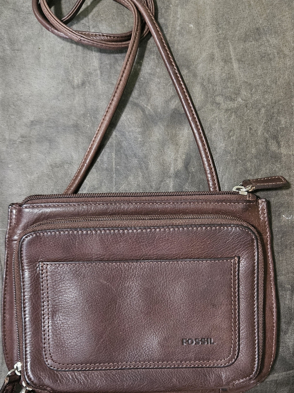 Fossil Women's Slim  Multi Zip Crossbody Bag in Dark Brown Leather